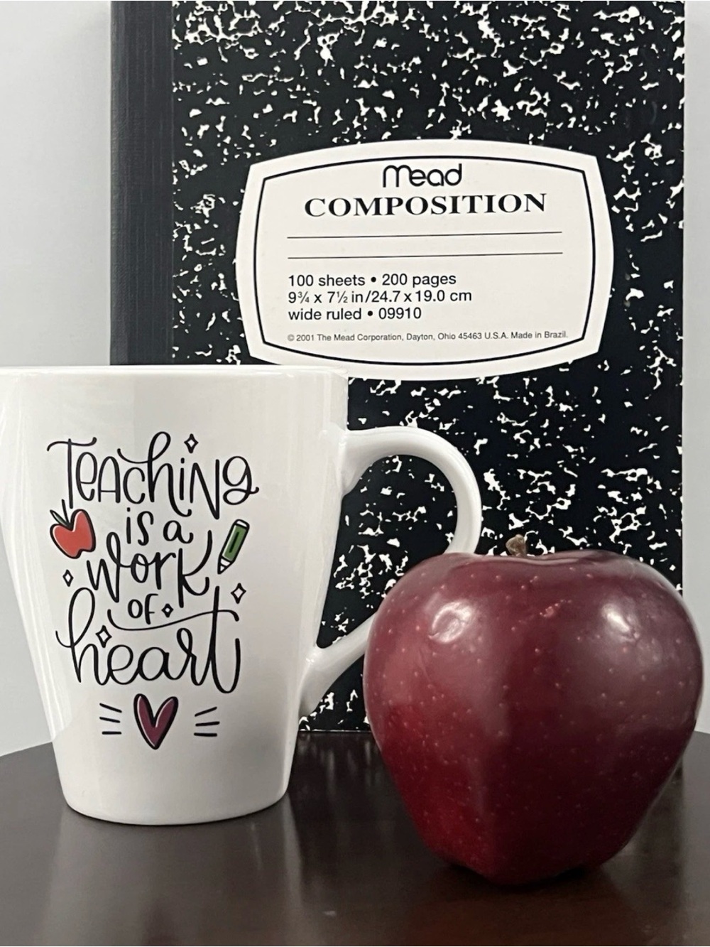 $15 FIRM White Porcelain Teacher Mug with “Teaching is a work of heart” Graphic